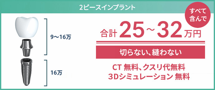 2ピースインプラント 合計23〜32万円 切らない、縫わない